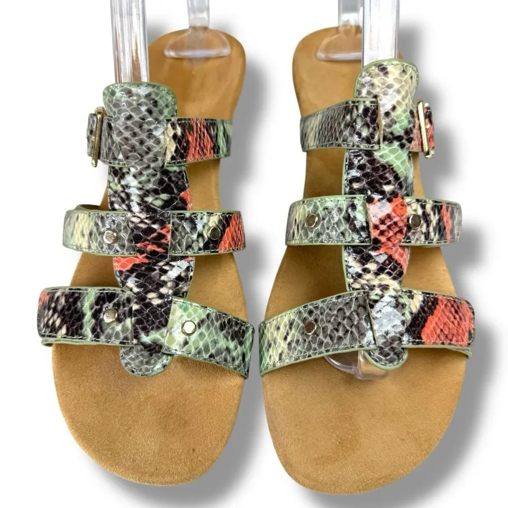 Vionic Park Radia Snake Print Wedge Sandals Green Womens Size 8 Orthotic Comfort